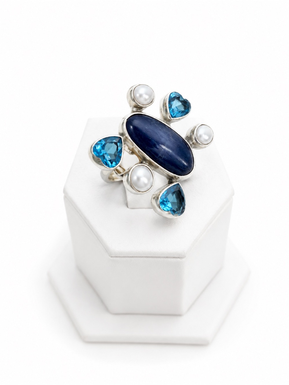 Silver Blue Lapis Gemstone Statement Ring -aquamarine & Pearl
